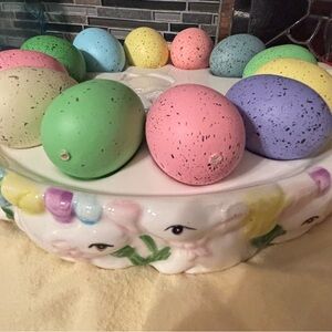 Colorful Bunny trimmed Ceramic Easter Egg Platter/server.